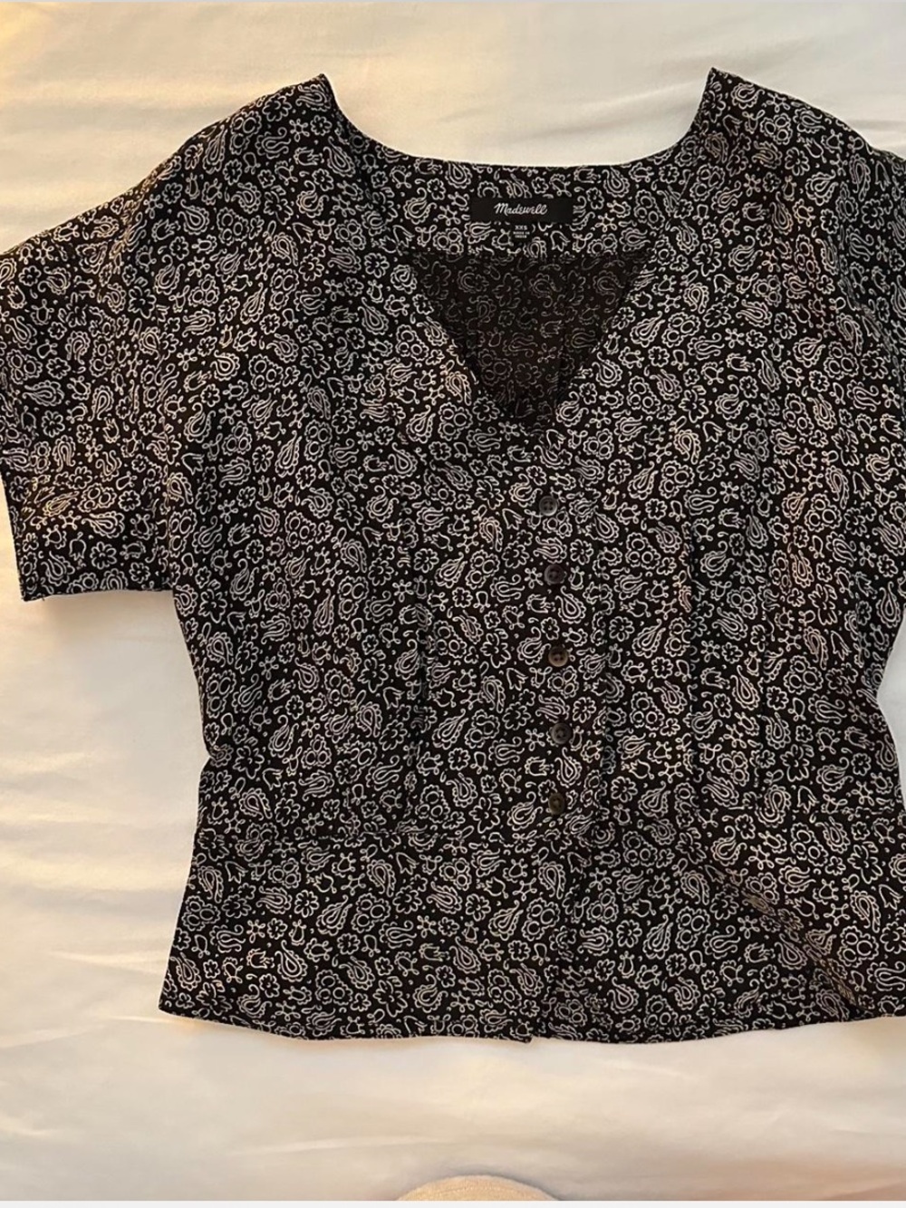 Madewell Black Floral Paisley Print Short Sleeve Front Button Blouse
